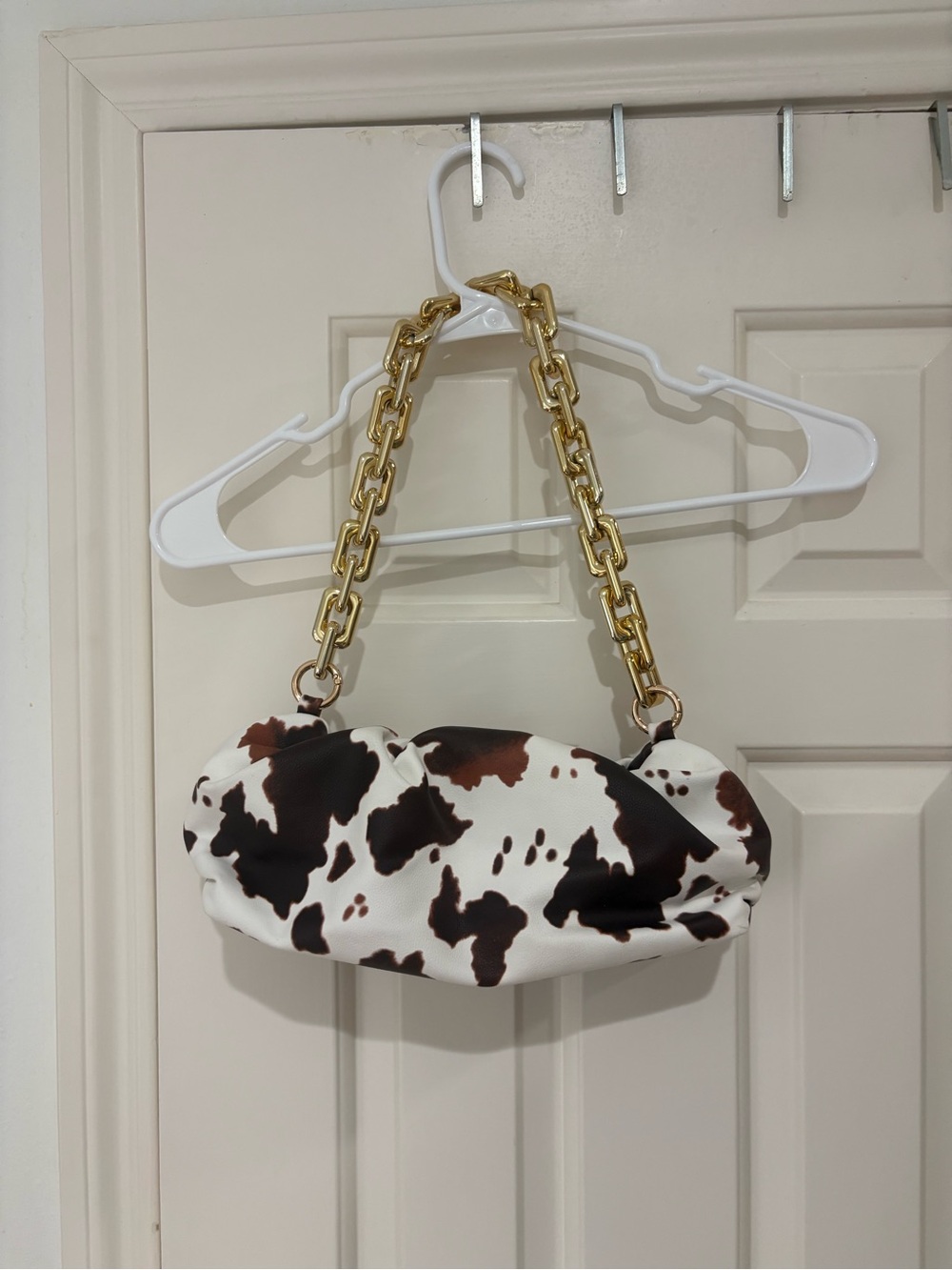 Cow Print Mini Shoulder Bag with Gold Chain Strap - Brown & White - Picture 2 of 10